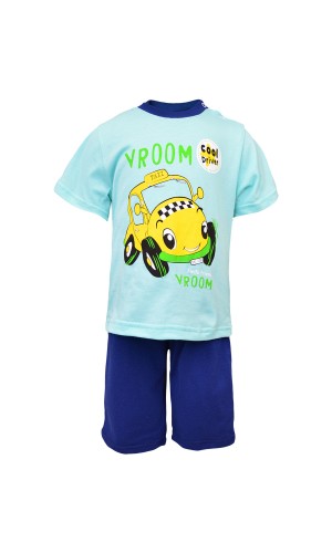 Костюм ясельный летний футболка и шорты КМ-1414 зеленый-машинка