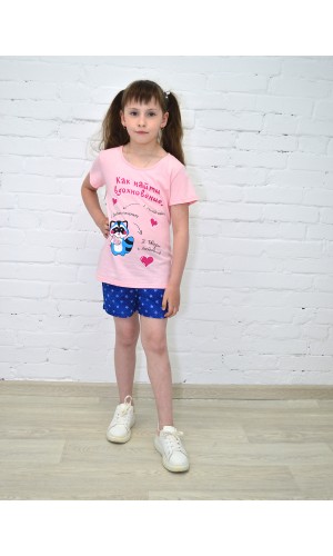 Костюм летний для девочки футболка и шорты детский КМ-1428 персиковый енот