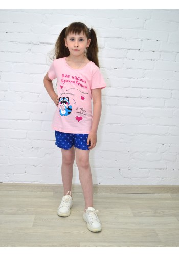 Костюм летний для девочки футболка и шорты детский КМ-1428 персиковый енот
