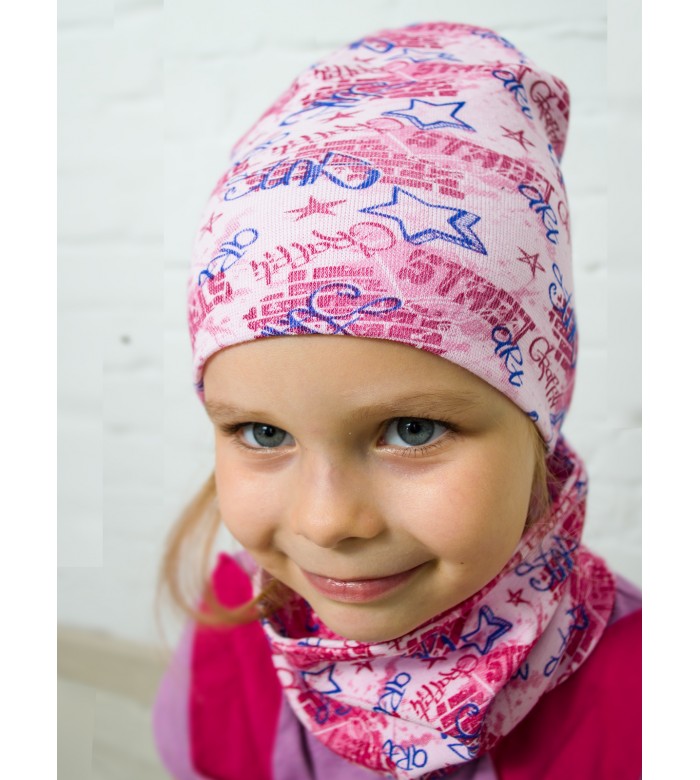 КМ-1421 Шапка+шарф детская розовый-звезды