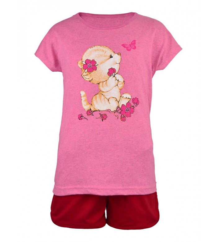 Костюм летний для девочки футболка и шорты детский КМ-1423 розовый котенок