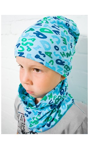 КМ-1421 Шапка+шарф детская голубой-буквы