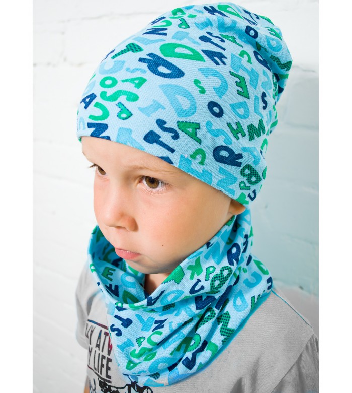 КМ-1421 Шапка+шарф детская голубой-буквы
