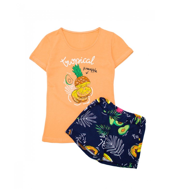 Костюм летний для девочки футболка и шорты детский КМ-1428 оранжевый ананас